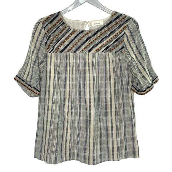 Bohme S Embroidered Short Sleeve Shirt Boho Neutral Earthy Tones - Picture 1 of 8